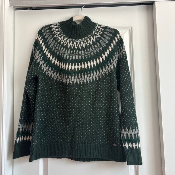 Eddie Bauer Women’s Fair Isle Print Green Wool Mohair Blend Mock Neck Sweater L - Picture 1 of 12